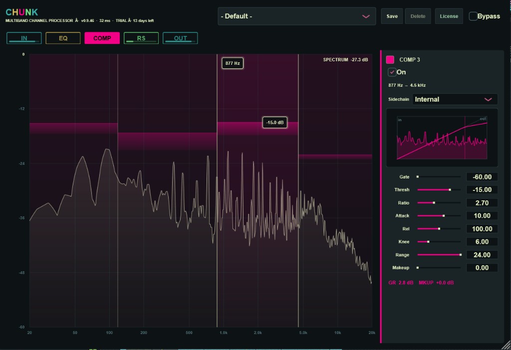 CHUNK COMP window — multiband compressor with transfer curve and dynamics controls